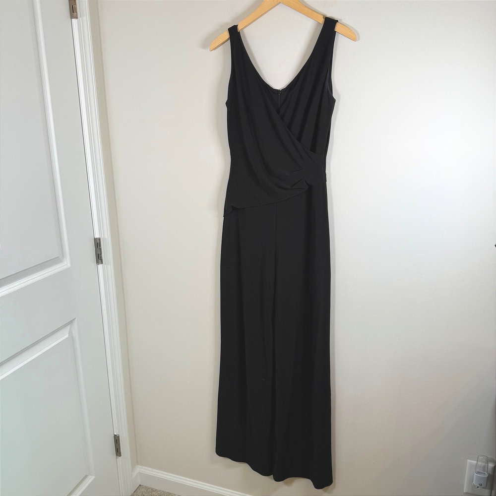 Nine‎ West Faux Wrap Jumpsuit 2 Black Sleeveless Wide Leg V-Neck Stretch